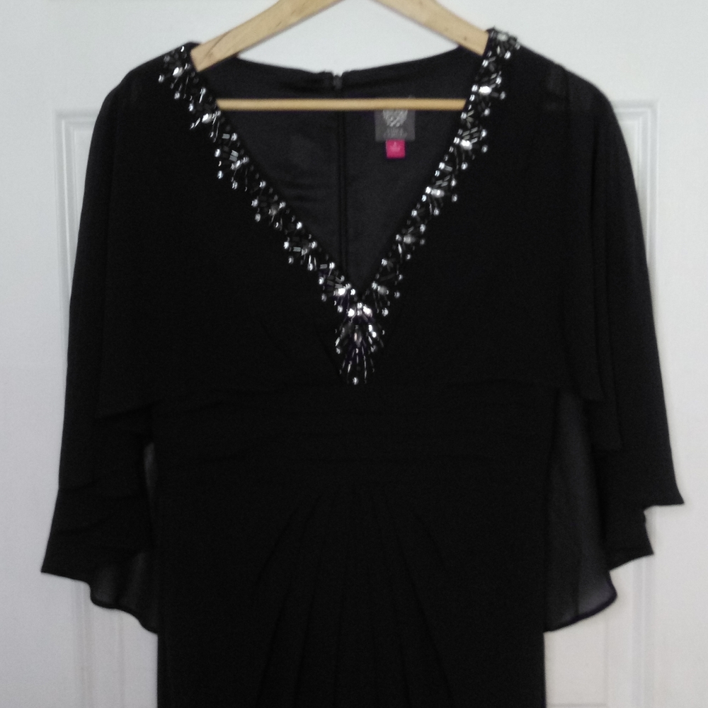 New Vince Camuto Navy Beaded Neckline Capelet Gown Size 6 - Picture 6 of 14